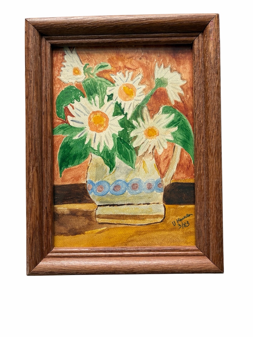 Vintage Hand-Painted Watercolor Daisy Still Life Wall Art 1983